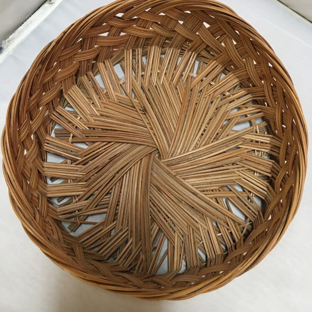 Wicker Basket Decor 8.5in Brown Round Woven Split Wood Handcrafted Cottagecore